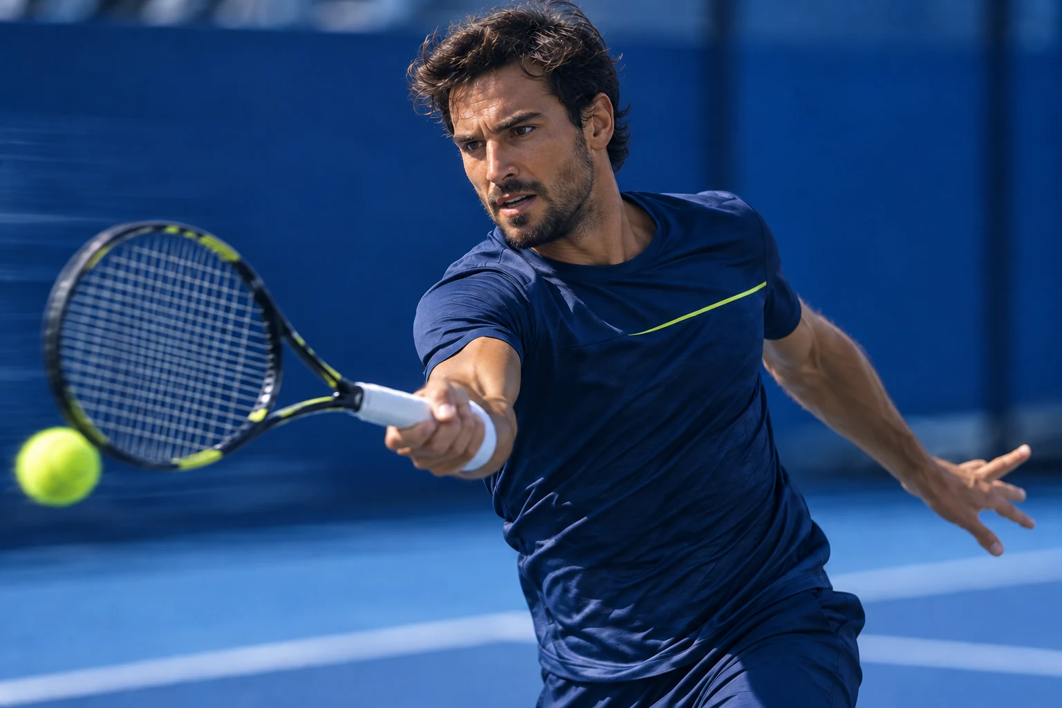Tennisspieler beim Vorhandschlag auf einem blauen Court